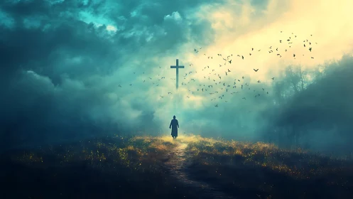 Solitary pilgrim walks into stormlit cross and circling birds