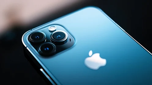 Blue iPhone 12 Pro with triple camera system and apple logo visible