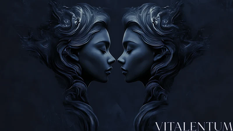 Mirrored midnight portraits with sculpted flowing hair.