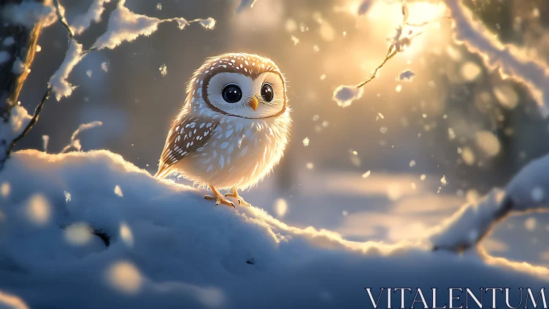 Adorable Cartoon Owl in Snowy Forest at Sunrise, Soft Lighting.