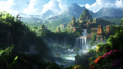 Sunlit jungle citadel with terraced waterfalls and peaks.