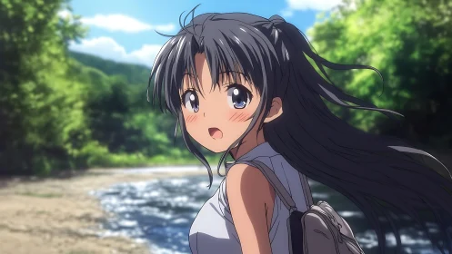 Anime girl in sunlit riverside landscape rendered with depth