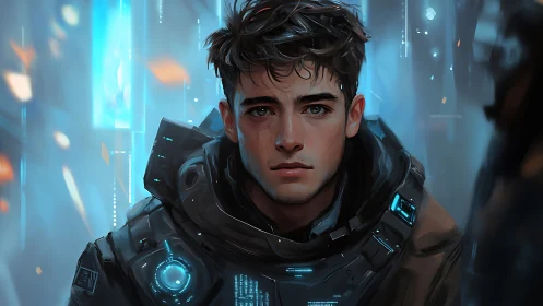 Young sci fi soldier in armored suit with neon blue tech