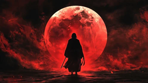 Solitary warrior silhouetted before apocalyptic blood moon.