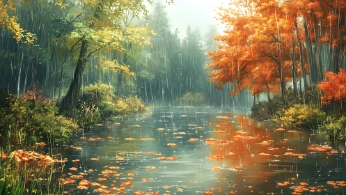 Autumn Forest Rainfall Over Serene Waterway Landscape