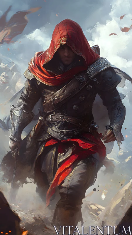 Hooded rogue strides through shattered battlefield smoke