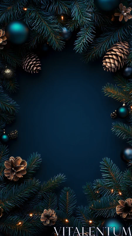 Fir branches and ornaments form a centered vertical frame