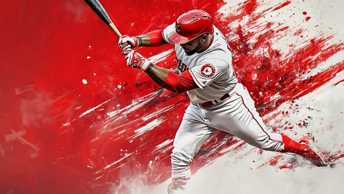 Powerful baseball swing sends energy across red canvas