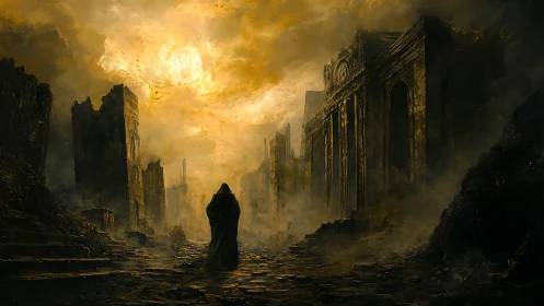 Cloaked solitary figure in ruined city under hazy sun.