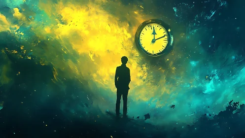 Lone dreamer stands beneath a glowing cosmic clock of time
