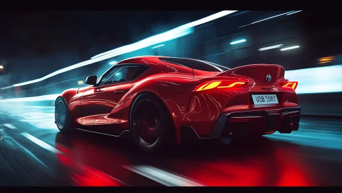 Red sports coupe accelerates through neon‑lit wet highway