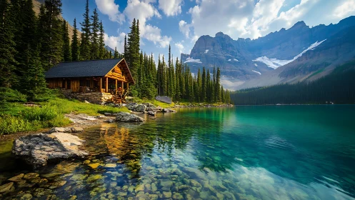 Mountain lake cabin beside evergreen forest and cliffs.