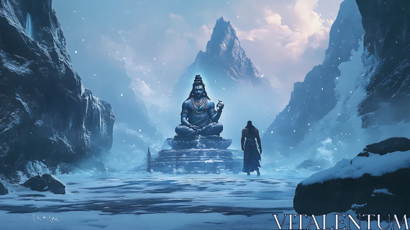 Solitary figure approaching colossal deity in icy valley.