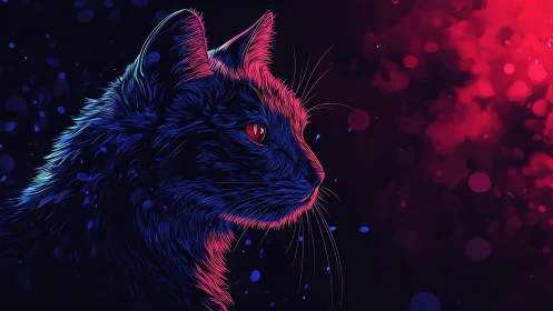 Neon Cat With Glowing Red Eyes in Digital Art.