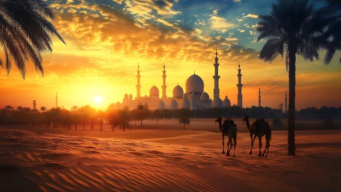 Golden desert sunset silhouettes grand mosque and camels