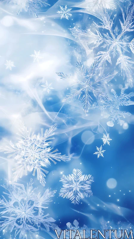 Crystalline snowflake microstructures in swirling blue atmosphere.