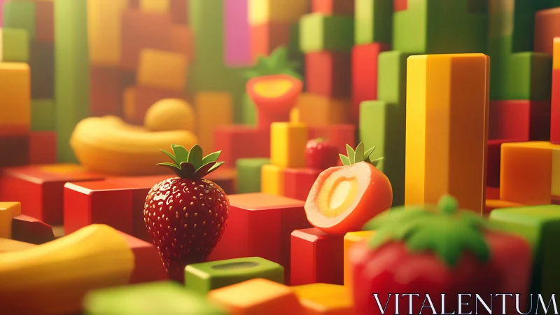 Strawberries rise in a playful geometric fruitscape.