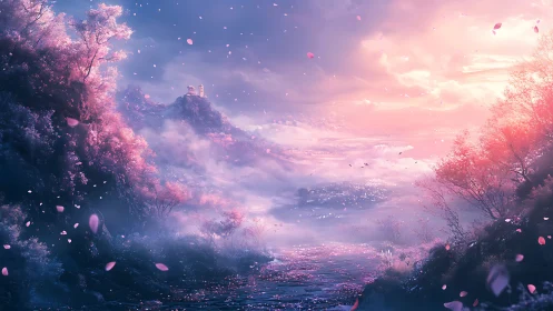 Dreamlike cherry blossom valley under glowing pastel sky.