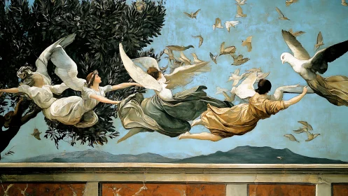 Classical mural depicts airborne figures in dynamic lateral flight