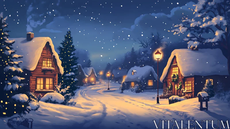 Snowlit cottage lane glows with winter hearthlight magic.