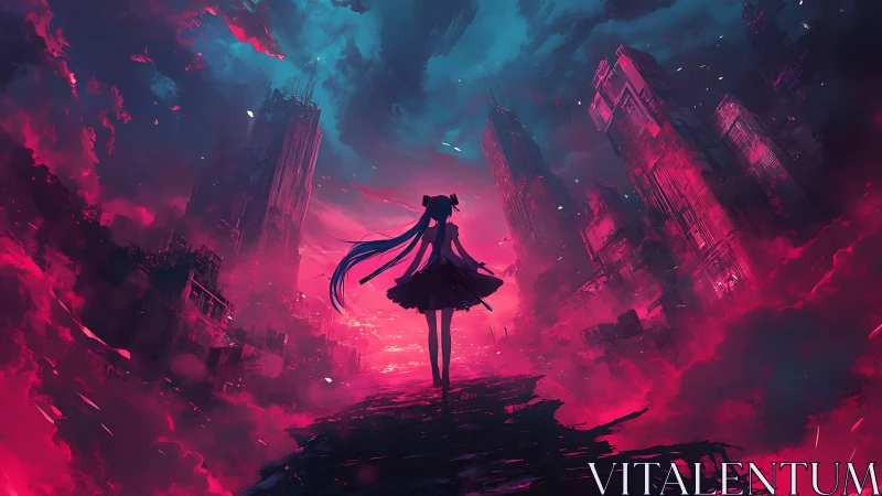 Lone anime silhouette amid neon-ruined megacity skyline.