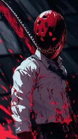 Masked killer raises bloodstained chainsaw in sharp contrast.