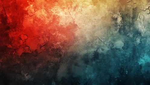 Abstract textured wall art with warm red and cool blue tones.