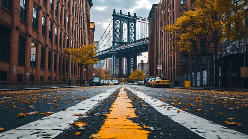 Urban street view toward suspension bridge in autumn weather.