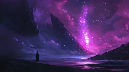 Lone figure observes magenta nebula column over reflective alien sea