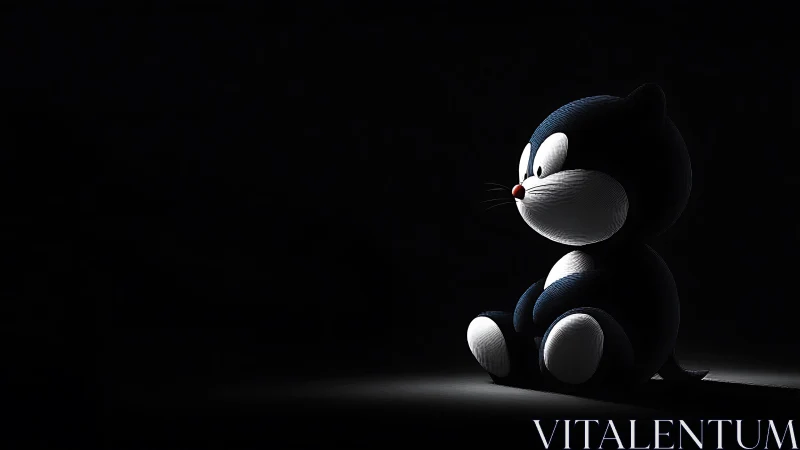 Soft-lit midnight kitty plush pondering the quiet glow.