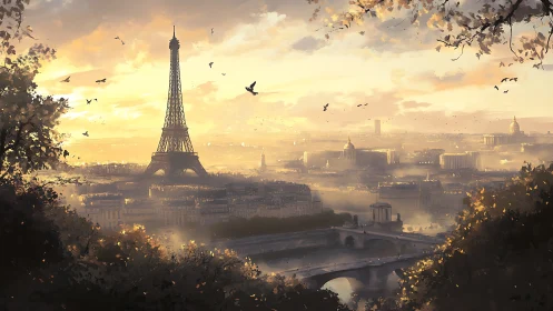Golden Paris morning with the Eiffel Tower in soft haze.