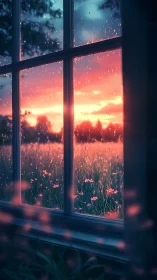 Rain kissed window frames a glowing sunset meadow