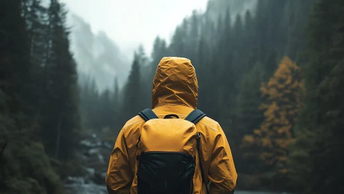 Solitary hiker in yellow parka amid misty forest valley.