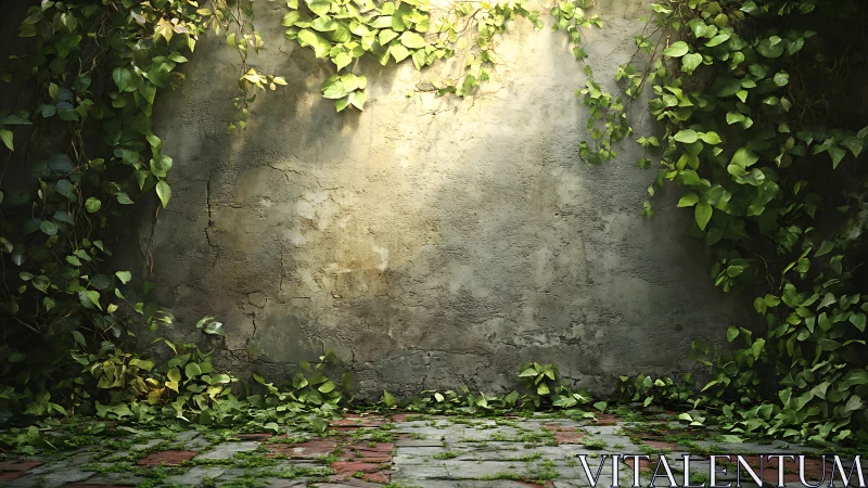 Old plaster wall with ivy vines and brick floor foreground