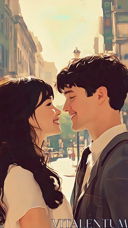 Two souls converge in golden light amid urban dreams.