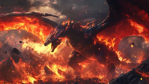 Volcanic dragon emerges mid-flight, framed by eruptive lava plumes