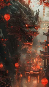 Colossal spectral dragon dominates lantern-lit canyon city