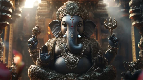 Ornate Ganesha statue breathes light into a misty shrine