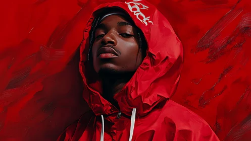 Crimson hooded calm in a storm of molten red paint.