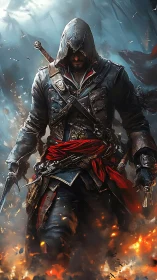 Hooded warrior strides through fire with calm, relentless focus