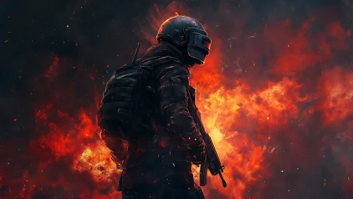 Digital painting of tactical soldier silhouetted by explosive fire.