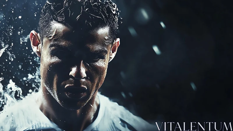 Close-up wet male athlete portrait under dark lighting.
