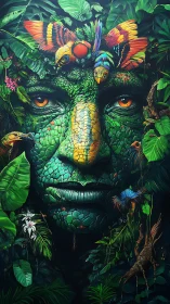 Jungle spirit portrait with birds and reptilian green face.