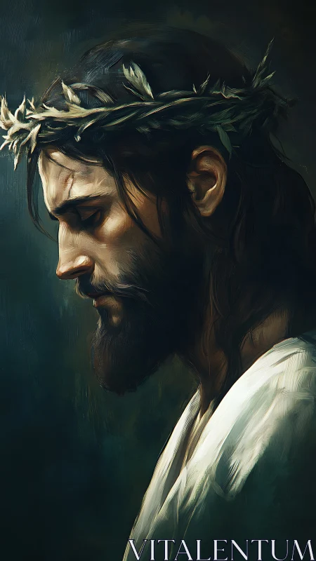 Side-profile painted portrait of man with thorn crown