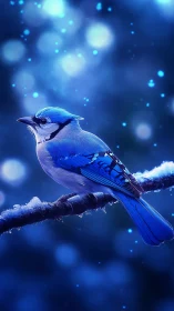 Blue Jay Perched on Frost-Covered Branch in Winter.
