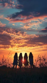 Four silhouetted figures stand in grassland at sunset