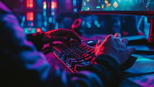Neon-lit gamer hands control RGB keyboard in immersive setup