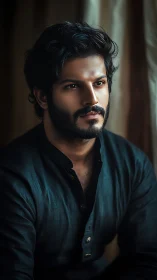 Moody portrait of bearded man in teal kurta by window.