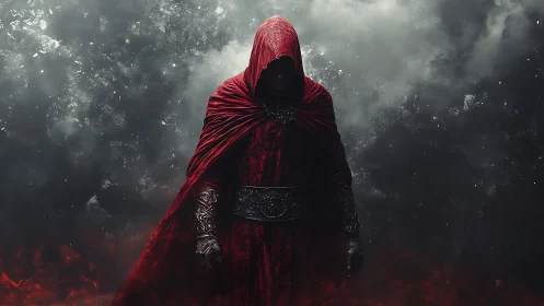 Hooded wanderer in crimson robes amid swirling stormlight.