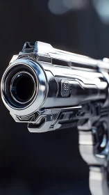 Chromed sci fi handgun barrel in extreme close focus.